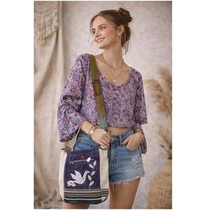 Boho Patchwork Hobo Bag Peace Dove Applique Colorful Canvas Crossbody Purse